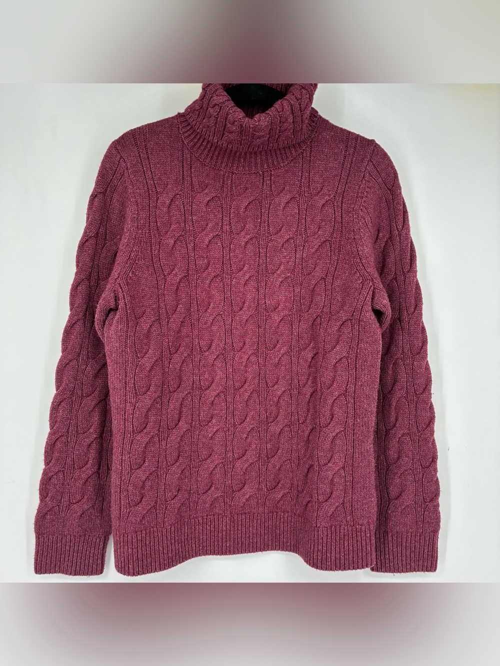 LL Bean Womens Medium Wool Cable Turtleneck Sweater Maroon Red Pullover Outdoor